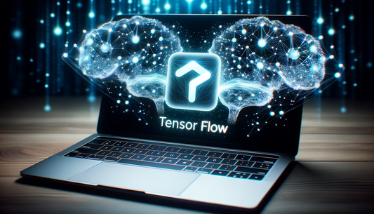 Photo of a laptop screen displaying the official Tensor Flow logo prominently, with holographic neural networks floating above the keyboard