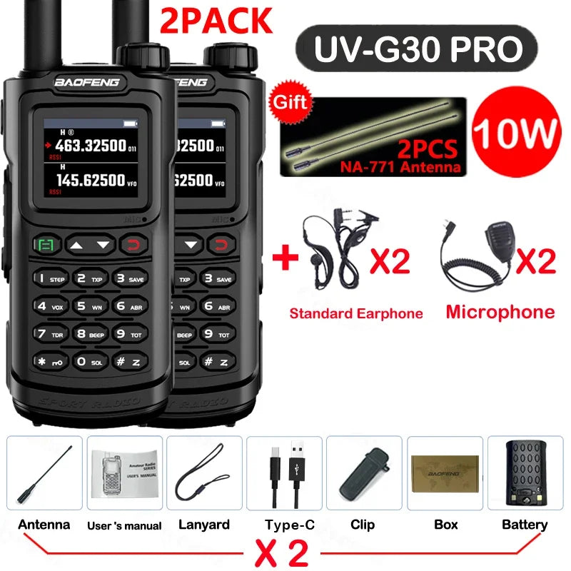 2PCS Baofeng 10W 50KM Walkie Talkie 4-Bands Long Range Portable Ham Radios Copy Frequency 999CH NOAA Two-Way Radio UV-G30 Pro V1