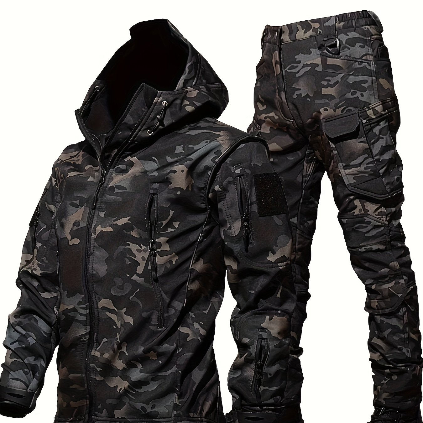 Camouflage Print & Plain Color Men's 2pcs Military Outdoor Windproof Suit Multi-Pocket Soft Shell Hooded Jackets +Sharkskin Work Cargo Pants, Outdoor Cloth
