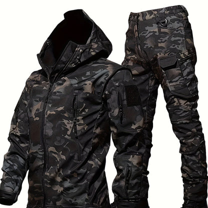 Camouflage Print & Plain Color Men's 2pcs Military Outdoor Windproof Suit Multi-Pocket Soft Shell Hooded Jackets +Sharkskin Work Cargo Pants, Outdoor Cloth