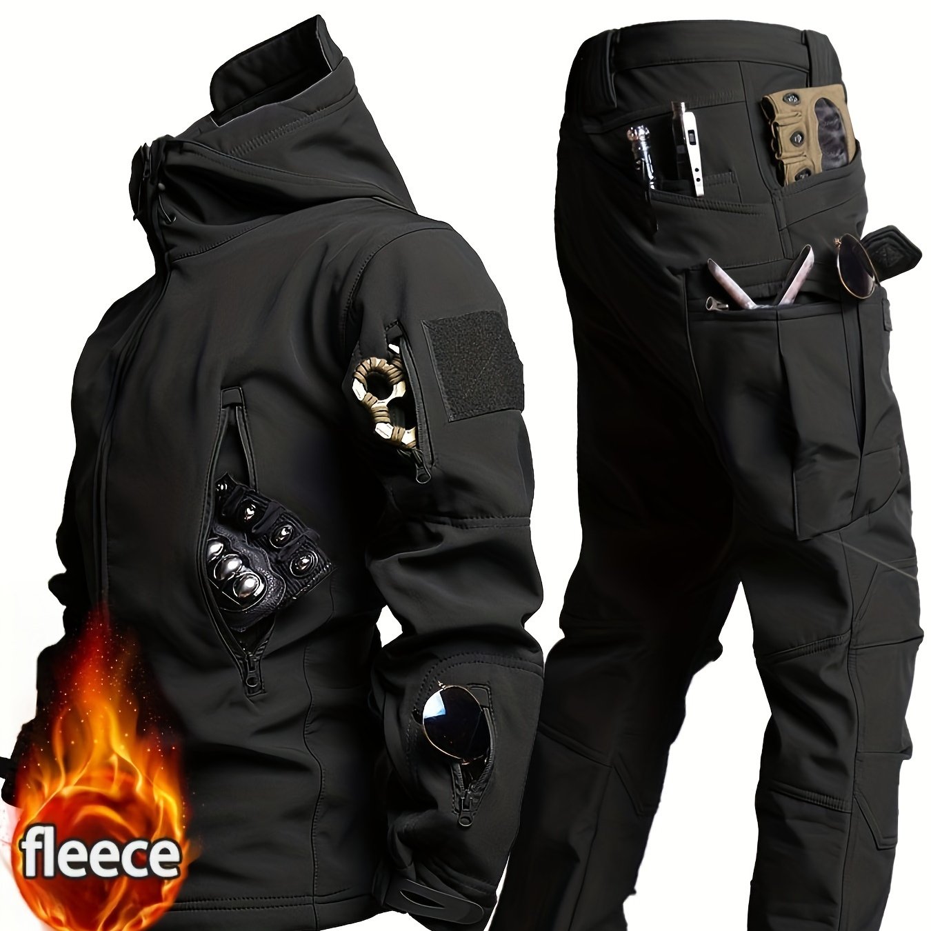 Camouflage Print & Plain Color Men's 2pcs Military Outdoor Windproof Suit Multi-Pocket Soft Shell Hooded Jackets +Sharkskin Work Cargo Pants, Outdoor Cloth