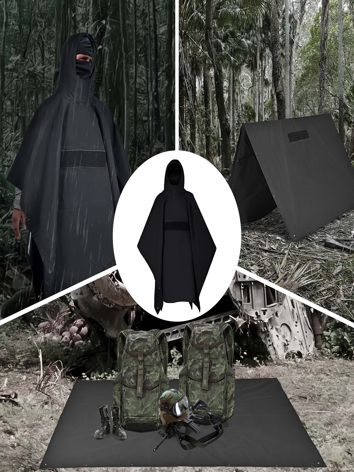 Military Style Tactical Poncho, Soft Shell Poncho Multipurpose Waterproof Military Tent Rain Poncho for Camping Outdoor Hunting Hiking