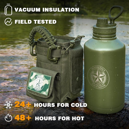 MOON LENCE 64 Oz Insulated Water Bottle Sports Kettle Half Gallon Water Jug with Adjustable Strap - Stainless Steel Military Thermal Water Bottles with Paracord Handle for Men Hunter Green 2 Litres