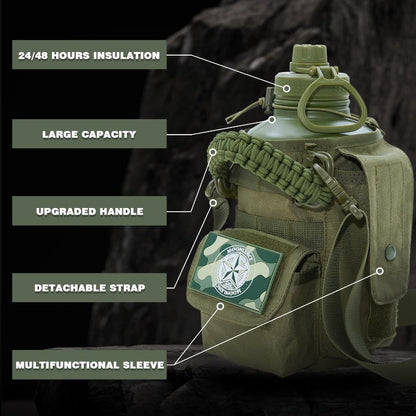 MOON LENCE 64 Oz Insulated Water Bottle Sports Kettle Half Gallon Water Jug with Adjustable Strap - Stainless Steel Military Thermal Water Bottles with Paracord Handle for Men Hunter Green 2 Litres