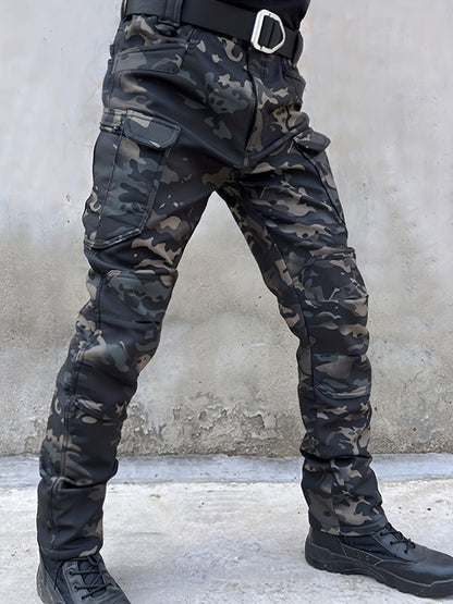 Camouflage Print & Plain Color Men's 2pcs Military Outdoor Windproof Suit Multi-Pocket Soft Shell Hooded Jackets +Sharkskin Work Cargo Pants, Outdoor Cloth