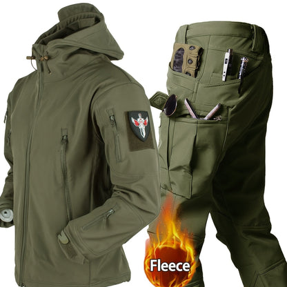Camouflage Print & Plain Color Men's 2pcs Military Outdoor Windproof Suit Multi-Pocket Soft Shell Hooded Jackets +Sharkskin Work Cargo Pants, Outdoor Cloth