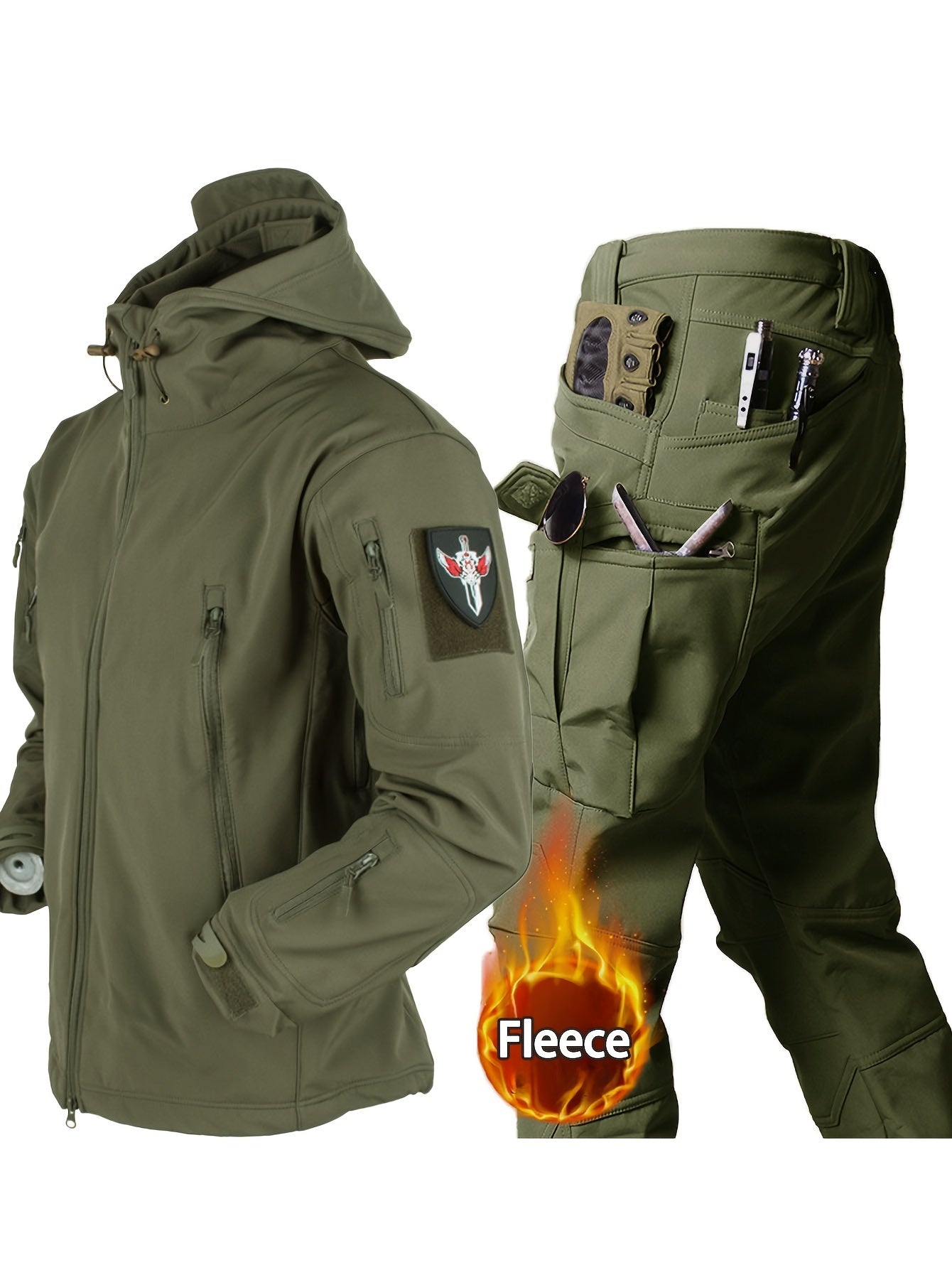 Camouflage Print & Plain Color Men's 2pcs Military Outdoor Windproof Suit Multi-Pocket Soft Shell Hooded Jackets +Sharkskin Work Cargo Pants, Outdoor Cloth