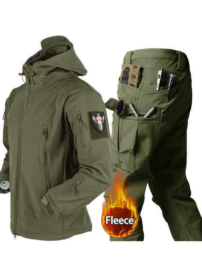 Camouflage Print & Plain Color Men's 2pcs Military Outdoor Windproof Suit Multi-Pocket Soft Shell Hooded Jackets +Sharkskin Work Cargo Pants, Outdoor Cloth