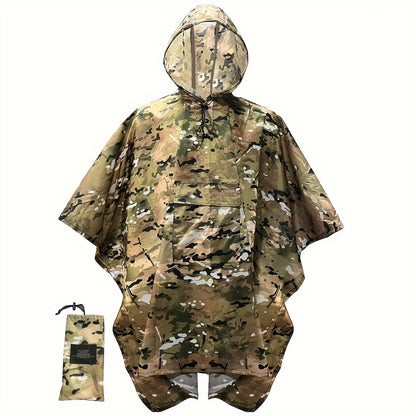 Camo Military Hooded Rain Poncho, Waterproof & Rainproof Foldable Rain Jacket, Army Style Multi-functional Raincoat