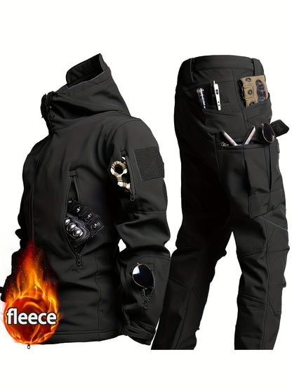 Camouflage Print & Plain Color Men's 2pcs Military Outdoor Windproof Suit Multi-Pocket Soft Shell Hooded Jackets +Sharkskin Work Cargo Pants, Outdoor Cloth