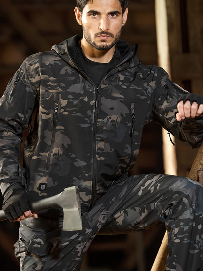 Camouflage Print & Plain Color Men's 2pcs Military Outdoor Windproof Suit Multi-Pocket Soft Shell Hooded Jackets +Sharkskin Work Cargo Pants, Outdoor Cloth