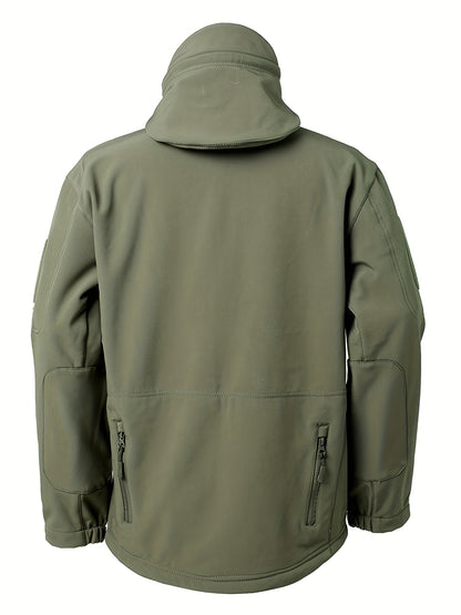 Camouflage Print & Plain Color Men's 2pcs Military Outdoor Windproof Suit Multi-Pocket Soft Shell Hooded Jackets +Sharkskin Work Cargo Pants, Outdoor Cloth