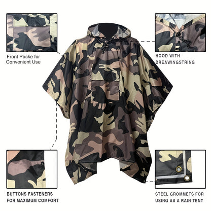 Camo Military Hooded Rain Poncho, Waterproof & Rainproof Foldable Rain Jacket, Army Style Multi-functional Raincoat