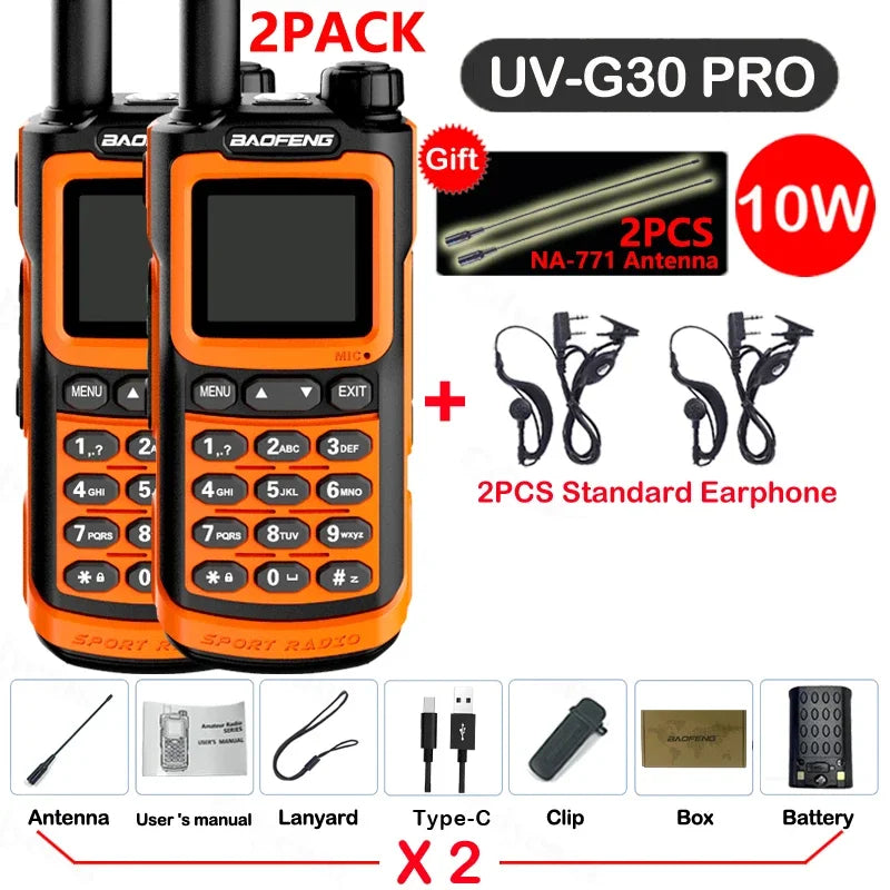 2PCS Baofeng 10W 50KM Walkie Talkie 4-Bands Long Range Portable Ham Radios Copy Frequency 999CH NOAA Two-Way Radio UV-G30 Pro V1