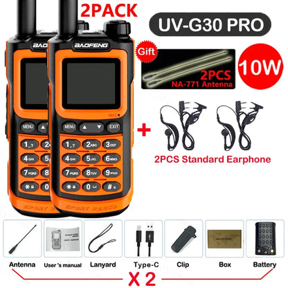 2PCS Baofeng 10W 50KM Walkie Talkie 4-Bands Long Range Portable Ham Radios Copy Frequency 999CH NOAA Two-Way Radio UV-G30 Pro V1
