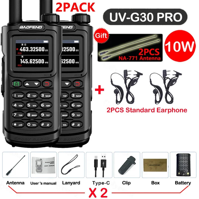 2PCS Baofeng 10W 50KM Walkie Talkie 4-Bands Long Range Portable Ham Radios Copy Frequency 999CH NOAA Two-Way Radio UV-G30 Pro V1