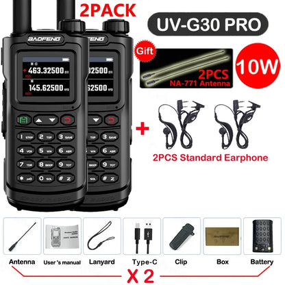 2PCS Baofeng 10W 50KM Walkie Talkie 4-Bands Long Range Portable Ham Radios Copy Frequency 999CH NOAA Two-Way Radio UV-G30 Pro V1
