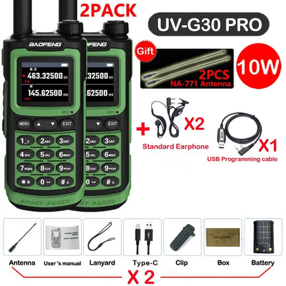 2PCS Baofeng 10W 50KM Walkie Talkie 4-Bands Long Range Portable Ham Radios Copy Frequency 999CH NOAA Two-Way Radio UV-G30 Pro V1