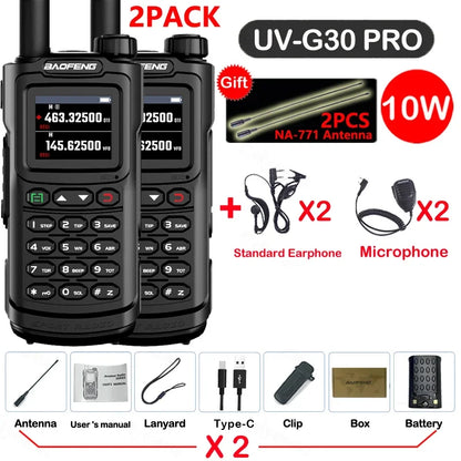2PCS Baofeng 10W 50KM Walkie Talkie 4-Bands Long Range Portable Ham Radios Copy Frequency 999CH NOAA Two-Way Radio UV-G30 Pro V1