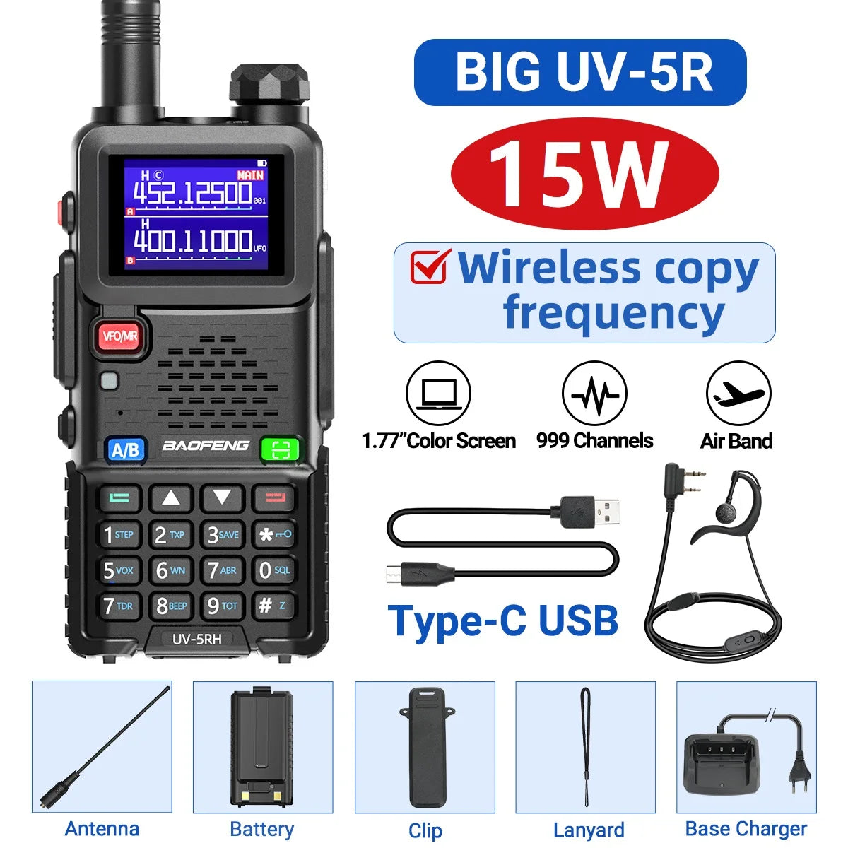 Baofeng UV 5RH 10W Air Band Walkie Talkie Long Range Wirless Copy Frequency Two Way Ham Radio Type-C Baofeng UV 5R Transceiver