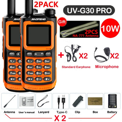 2PCS Baofeng 10W 50KM Walkie Talkie 4-Bands Long Range Portable Ham Radios Copy Frequency 999CH NOAA Two-Way Radio UV-G30 Pro V1