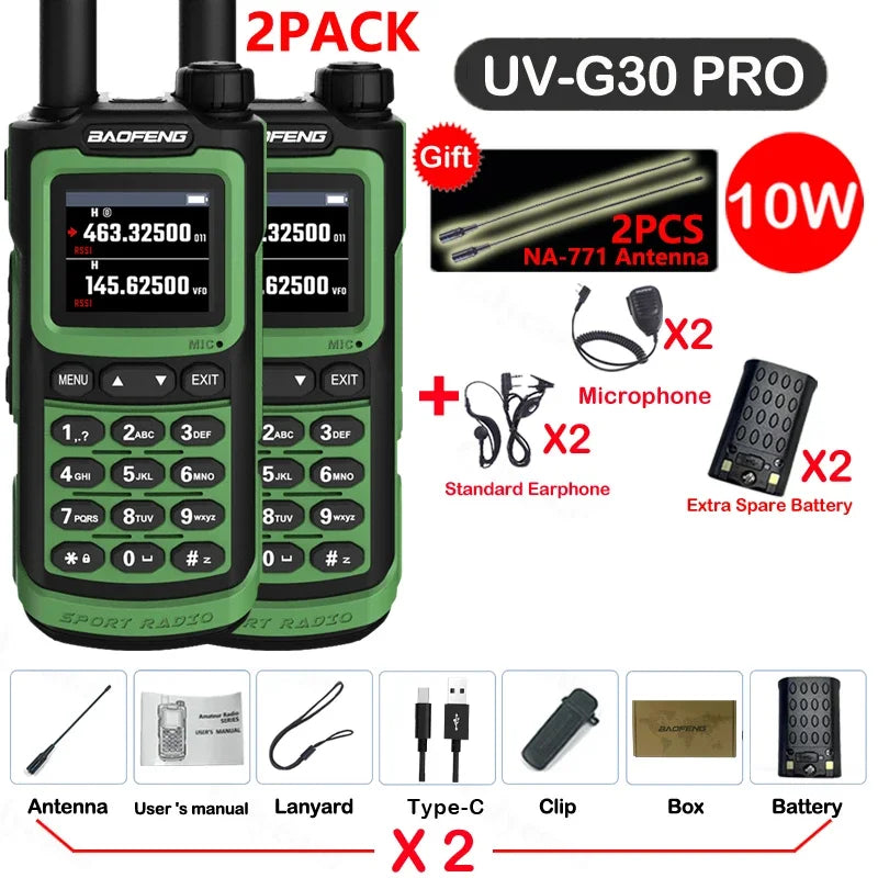 2PCS Baofeng 10W 50KM Walkie Talkie 4-Bands Long Range Portable Ham Radios Copy Frequency 999CH NOAA Two-Way Radio UV-G30 Pro V1
