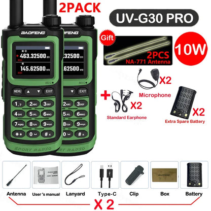 2PCS Baofeng 10W 50KM Walkie Talkie 4-Bands Long Range Portable Ham Radios Copy Frequency 999CH NOAA Two-Way Radio UV-G30 Pro V1