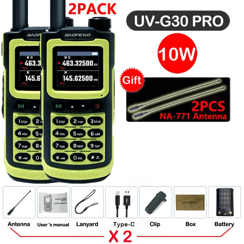 2PCS Baofeng 10W 50KM Walkie Talkie 4-Bands Long Range Portable Ham Radios Copy Frequency 999CH NOAA Two-Way Radio UV-G30 Pro V1