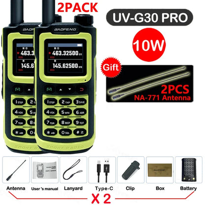 2PCS Baofeng 10W 50KM Walkie Talkie 4-Bands Long Range Portable Ham Radios Copy Frequency 999CH NOAA Two-Way Radio UV-G30 Pro V1