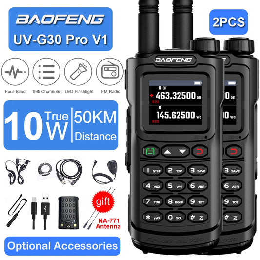 2PCS Baofeng 10W 50KM Walkie Talkie 4-Bands Long Range Portable Ham Radios Copy Frequency 999CH NOAA Two-Way Radio UV-G30 Pro V1
