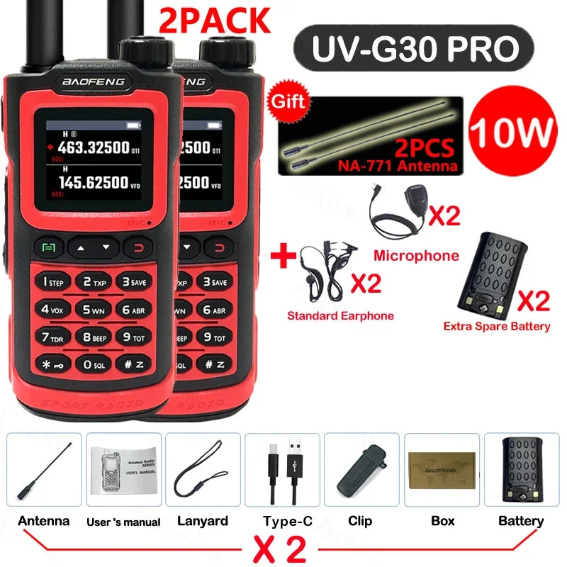 2PCS Baofeng 10W 50KM Walkie Talkie 4-Bands Long Range Portable Ham Radios Copy Frequency 999CH NOAA Two-Way Radio UV-G30 Pro V1