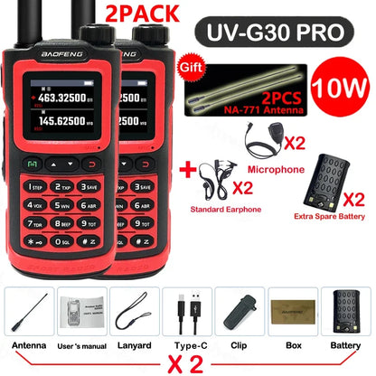 2PCS Baofeng 10W 50KM Walkie Talkie 4-Bands Long Range Portable Ham Radios Copy Frequency 999CH NOAA Two-Way Radio UV-G30 Pro V1