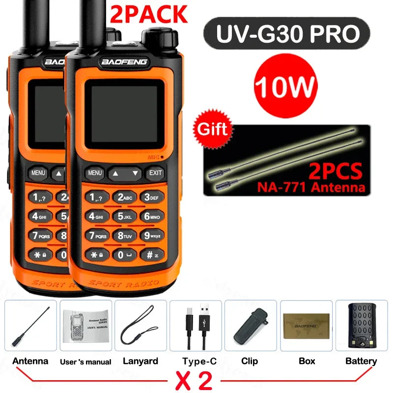 2PCS Baofeng 10W 50KM Walkie Talkie 4-Bands Long Range Portable Ham Radios Copy Frequency 999CH NOAA Two-Way Radio UV-G30 Pro V1