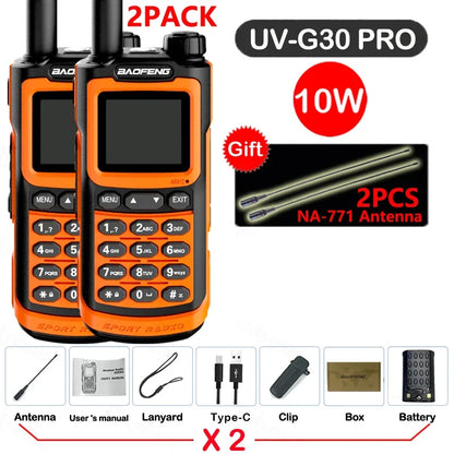 2PCS Baofeng 10W 50KM Walkie Talkie 4-Bands Long Range Portable Ham Radios Copy Frequency 999CH NOAA Two-Way Radio UV-G30 Pro V1