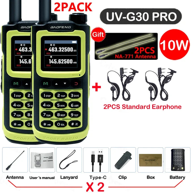 2PCS Baofeng 10W 50KM Walkie Talkie 4-Bands Long Range Portable Ham Radios Copy Frequency 999CH NOAA Two-Way Radio UV-G30 Pro V1