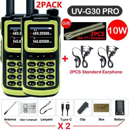 2PCS Baofeng 10W 50KM Walkie Talkie 4-Bands Long Range Portable Ham Radios Copy Frequency 999CH NOAA Two-Way Radio UV-G30 Pro V1