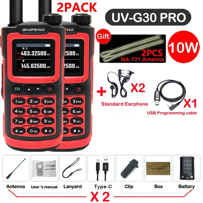 2PCS Baofeng 10W 50KM Walkie Talkie 4-Bands Long Range Portable Ham Radios Copy Frequency 999CH NOAA Two-Way Radio UV-G30 Pro V1