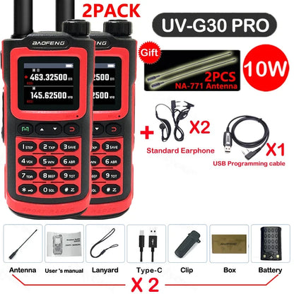 2PCS Baofeng 10W 50KM Walkie Talkie 4-Bands Long Range Portable Ham Radios Copy Frequency 999CH NOAA Two-Way Radio UV-G30 Pro V1