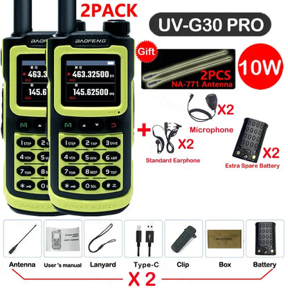 2PCS Baofeng 10W 50KM Walkie Talkie 4-Bands Long Range Portable Ham Radios Copy Frequency 999CH NOAA Two-Way Radio UV-G30 Pro V1