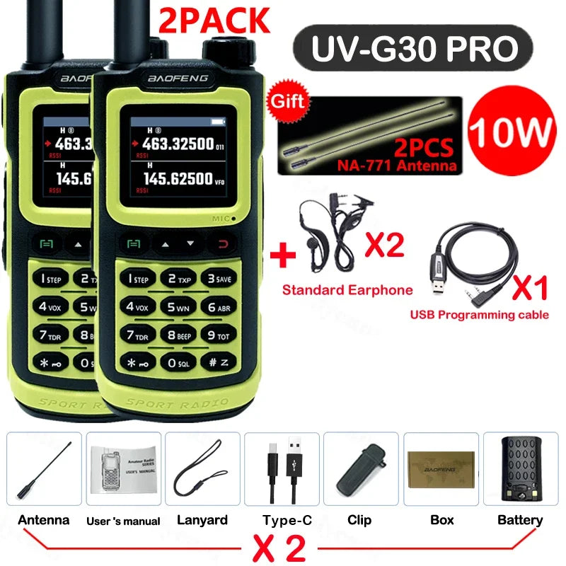 2PCS Baofeng 10W 50KM Walkie Talkie 4-Bands Long Range Portable Ham Radios Copy Frequency 999CH NOAA Two-Way Radio UV-G30 Pro V1