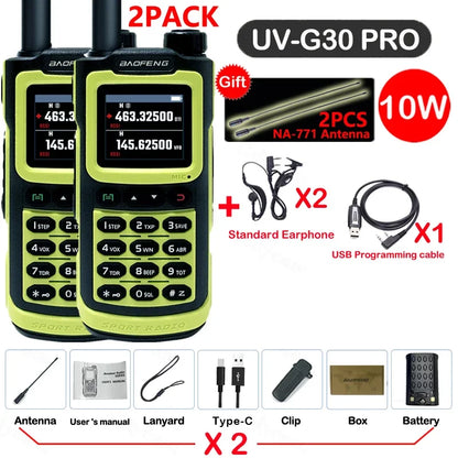 2PCS Baofeng 10W 50KM Walkie Talkie 4-Bands Long Range Portable Ham Radios Copy Frequency 999CH NOAA Two-Way Radio UV-G30 Pro V1