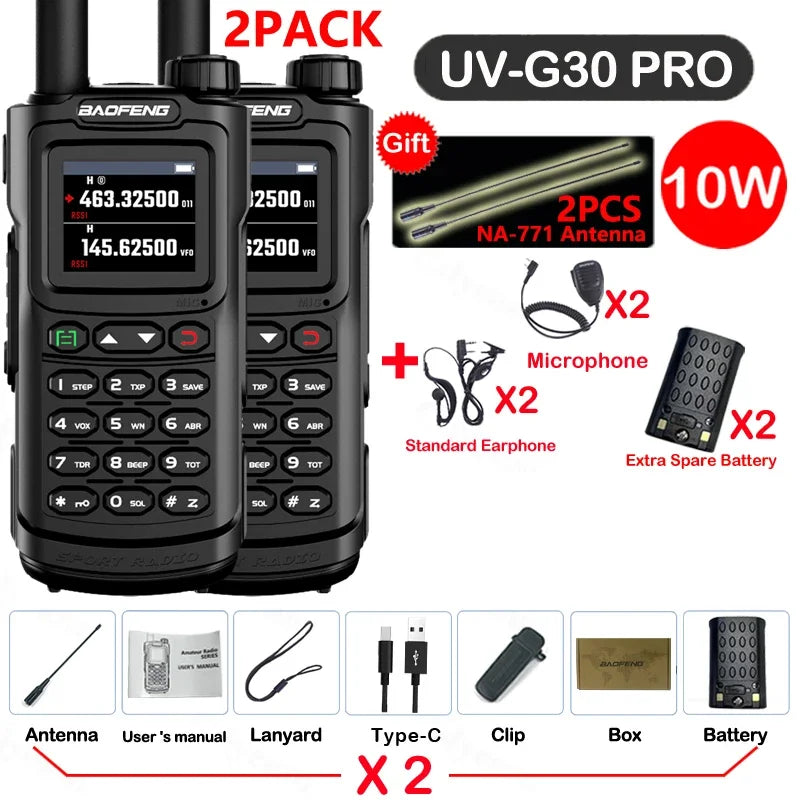 2PCS Baofeng 10W 50KM Walkie Talkie 4-Bands Long Range Portable Ham Radios Copy Frequency 999CH NOAA Two-Way Radio UV-G30 Pro V1