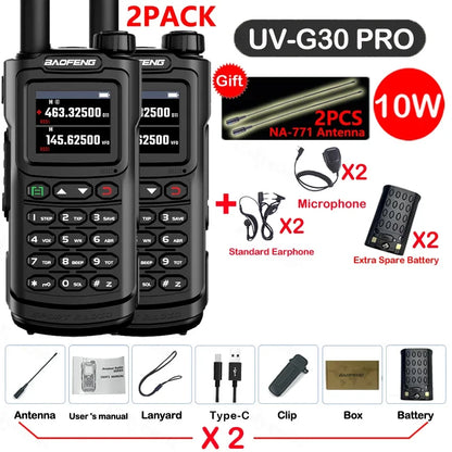 2PCS Baofeng 10W 50KM Walkie Talkie 4-Bands Long Range Portable Ham Radios Copy Frequency 999CH NOAA Two-Way Radio UV-G30 Pro V1