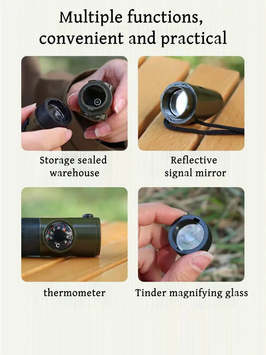 Survival Whistle with Compass Thermometer LED Light Reflective Mirror Sealed Design for Outdoor Camping Hiking Emergency Gear