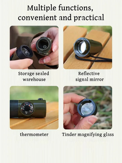 Survival Whistle with Compass Thermometer LED Light Reflective Mirror Sealed Design for Outdoor Camping Hiking Emergency Gear
