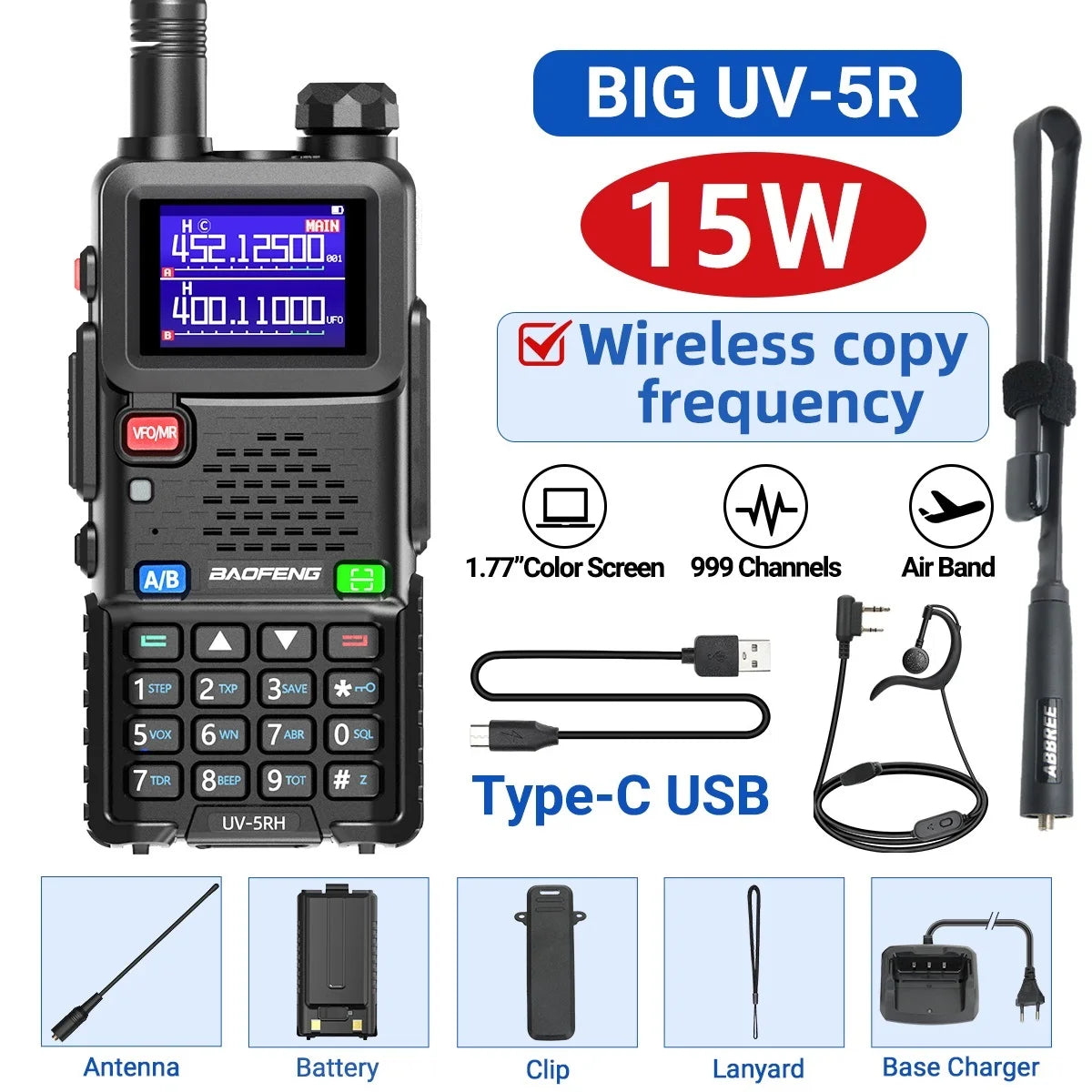 Baofeng UV 5RH 10W Air Band Walkie Talkie Long Range Wirless Copy Frequency Two Way Ham Radio Type-C Baofeng UV 5R Transceiver