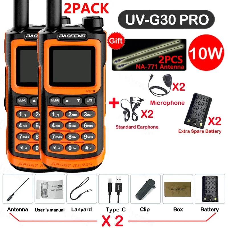2PCS Baofeng 10W 50KM Walkie Talkie 4-Bands Long Range Portable Ham Radios Copy Frequency 999CH NOAA Two-Way Radio UV-G30 Pro V1