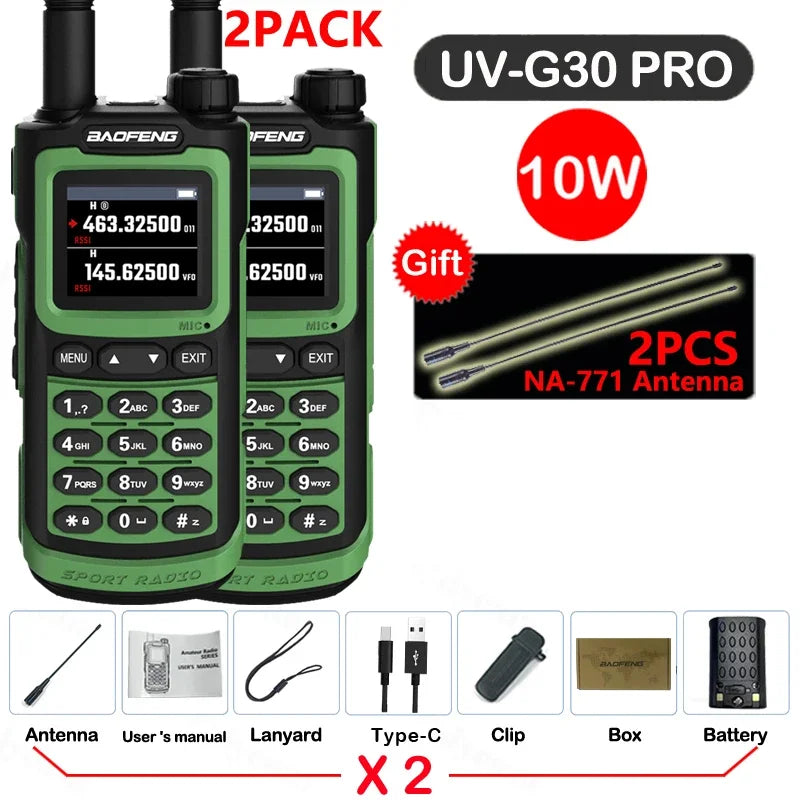 2PCS Baofeng 10W 50KM Walkie Talkie 4-Bands Long Range Portable Ham Radios Copy Frequency 999CH NOAA Two-Way Radio UV-G30 Pro V1