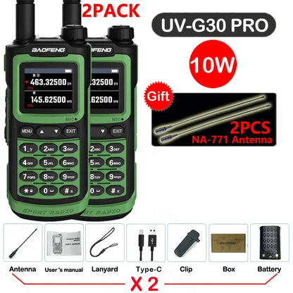 2PCS Baofeng 10W 50KM Walkie Talkie 4-Bands Long Range Portable Ham Radios Copy Frequency 999CH NOAA Two-Way Radio UV-G30 Pro V1