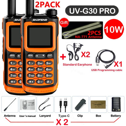 2PCS Baofeng 10W 50KM Walkie Talkie 4-Bands Long Range Portable Ham Radios Copy Frequency 999CH NOAA Two-Way Radio UV-G30 Pro V1